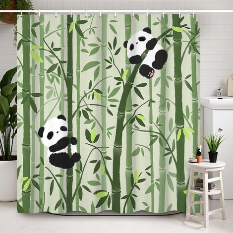 180x180cm Mignon Panda Rideau de Douche Bambou forêt Dessin animé Panda Motif Salle de Bain Rideau résistant à la moisissure Noir Blanc Animaux Rideaux de Douche imperméable (1/5)