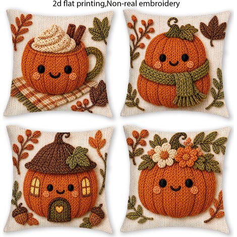 Housses de Coussin Halloween 4 Pièces 45 x 45 cm, Motif Citrouille et Automne, Style Rustique pour Canapé, Lit et Maison (1/5)