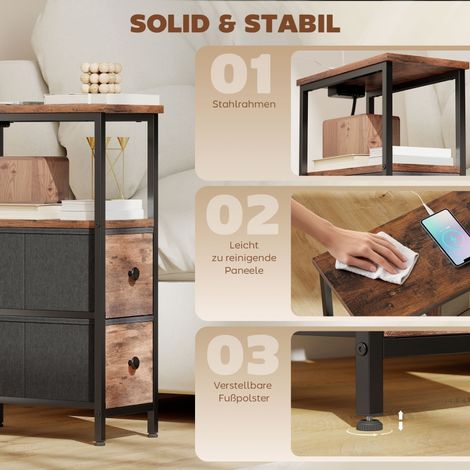 Table basse d'appoint avec station de charge, cadre en acier, 2 tiroirs en tissu, étagère ouverte, 20x40x63 cm, brun rustique (1/5)