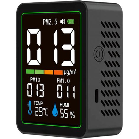 5-in-1-Partikelmonitor für Innenräume mit Farb-LCD-Bildschirm, PM1.0-, PM2.5- und PM10-Verfolgung, Temperatur- und Feuchtigkeitsanzeige, USB-C-wiederaufladbar, tragbares Format.