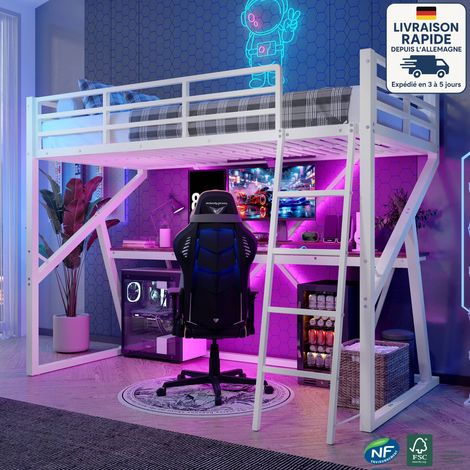 Lit mezzanine 90x200cm - lit en fer - industriel -Bande lumineuse LED - Bureau inclus - Blanc (1/5)