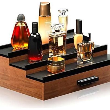 Dreistöckiges Parfümregal für Herren mit Schubladen, Parfümpräsentations- und Organisationsständer, ein perfektes Geschenk für Männer (Walnussholz, schwarz). (1/5)