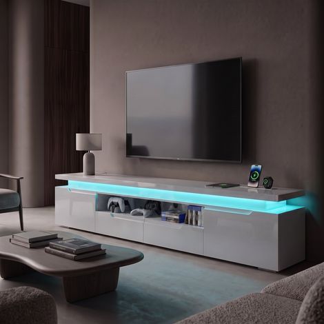 Meuble TV blanc brillant – Éclairage LED –  prises EU + USB + Type‑C –  2 tiroirs + 2 armoires (1/5)