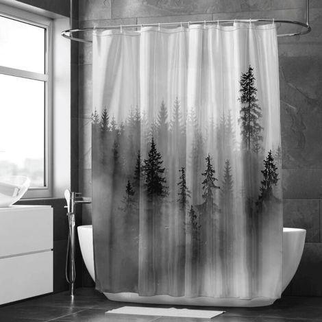 Rideau de douche paysage forestier embrumé – Tons pastel, douceur (1/5)