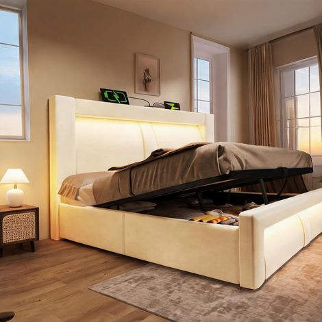 Cadre de lit beige en velours 217 x 143 x 107 cm (1/5)