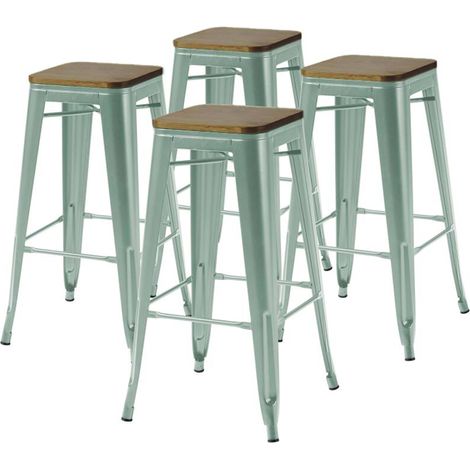 Oviala – Lot de 4 tabourets de bar en métal noir mat et bois de pin – Hauteur 73 cm – Patins anti-dérapants – Finition peinture époxy
