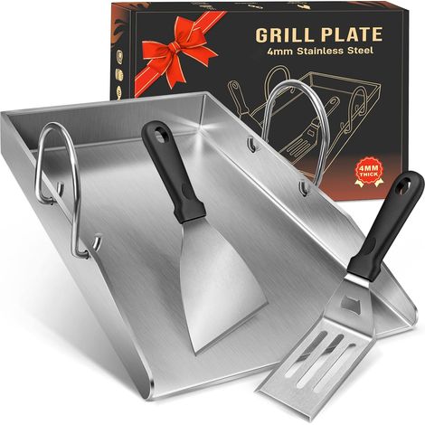 Plancha Plaque avec 2 spatules de barbecue de 4 mm d'épaisseur en acier inoxydable avec poignées amovibles, pour barbecue à gaz et barbecue au charbon de bois 40 x 30 x 4 cm (1/5)