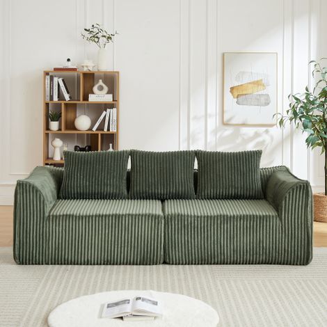 Canapé 3 places, style minimaliste en velours côtelé, aux lignes fluides, avec un dossier légèrement incliné, livré avec deux coussins, couleur verte (1/5)