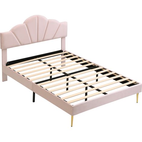 Cama doble tapizada de terciopelo rosa 140 x 190 cm, cabecero concha, patas de hierro dorado (1/5)