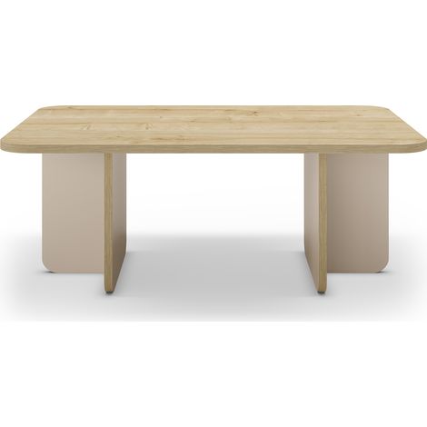 Table basse, table de salon rectangulaire aspect bois coloris chêne et pieds coloris crème - Longueur 100 x Profondeur 60 x Hauteur 42 cm (1/5)