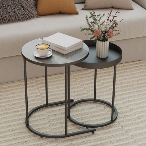 DESMIU Tables basses gigognes 2 pièces avec plateau antidérapant et structure de rangement pour salon gris (1/4)