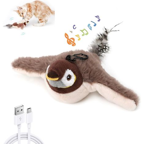Juguete para gatos de interior con forma de pájaro volador, con alas que aletean y sonidos de trinos, gorrión eléctrico realista (marrón). (1/5)