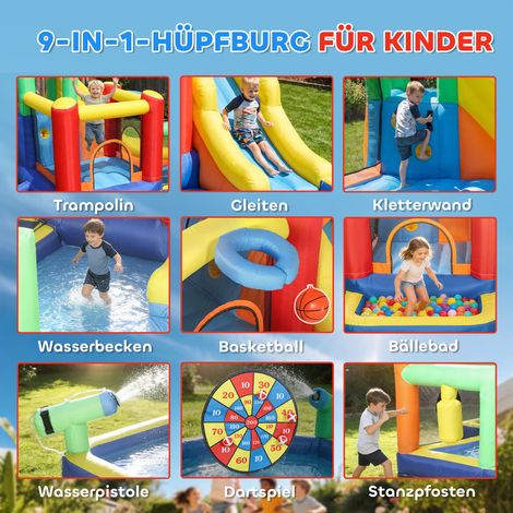 Château gonflable 9 en 1 avec gonfleur, toboggan, piscine et pistolet à eau pour enfants de 3 à 8 ans, 330 x 290 x 185 cm, multicolore