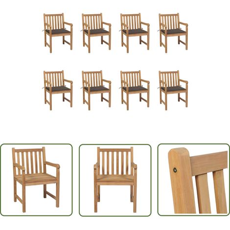 The Living Store Chaises de jardin lot de 8 avec coussins taupe Bois teck massif - Chaise De Jardin - Mobilier De Jardin - Set De Chaises - Teck Massif - Chaises Extérieures (1/5)