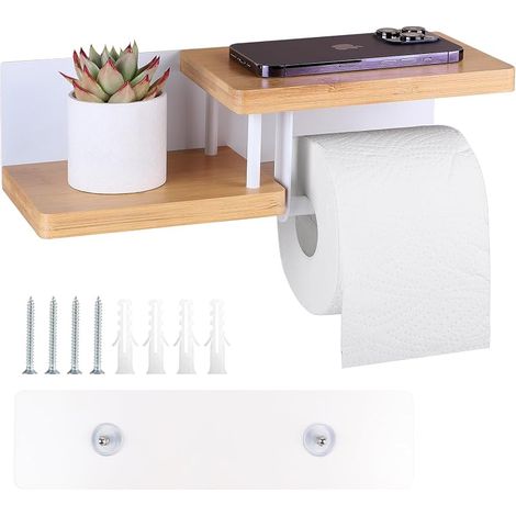 Wandmontierter Toilettenpapierhalter aus Bambus mit Ablagen, kein Bohren erforderlich, 31,5 × 12,5 × 8,5 cm, Toilettenpapierspender mit Klebe- oder Bohrbefestigung für Badezimmer, Küchen und Toiletten (1/5)