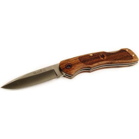 Navaja Muela BX Maderas, BX-8LR, cachas de madera prensada coral tallada, con bloqueo, peso 90 gramos, hoja de 8,5 cm + tarjeta multiusos de regalo