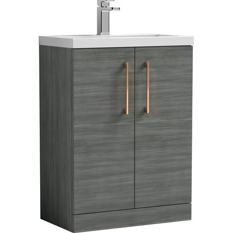 Balterley Bramshall Compact Bathroom Cloakroom Vanity Basin Unit with Polymarble Basin, Copper Handles, 600mm, Woodgrain Grey