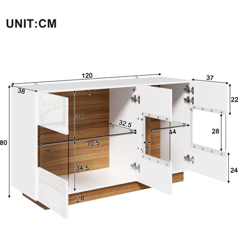 Cómoda/aparador moderno con 3 puertas acrílicas, 2 compartimentos e iluminación LED regulable: diseño elegante en combinación de blanco y madera natural para salón, recibidor o dormitorio 120 × 38 × 8 (1/5)