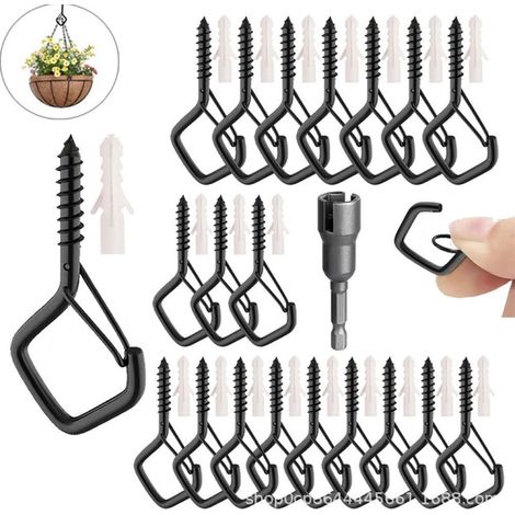 20 Pcs Crochet à Visser Noir,Crochet Mural a Vissers,Crochets à Visser,Crochets de Plafond avec Verrouillage de Sécurité pour Plant Guirland Lumineuses (avec Perceuse) (1/5)