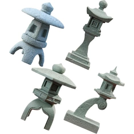 Lot de 4 Lanternes Japonaises en Pierre Naturelle pour Décoration D’Aquarium et Jardin Zen, Mini Statues de Pagode Hexagonale, Ronde, Carrée et Ancienne, Ornements Uniques (1/5)
