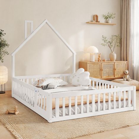 MEUBLIV Lit enfant 140x190 cm blanc – forme cheminée avec barreaux, sans matelas (1/5)
