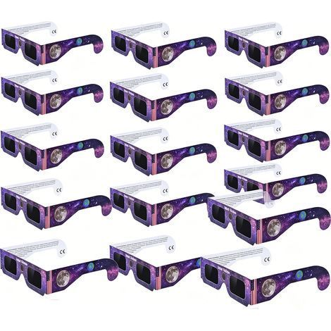 Lunettes d'éclipse solaire 2026, lot de 15, CE & ISO certifiées, observation directe du soleil, design ciel étoilé lune violet, protection oculaire sûre