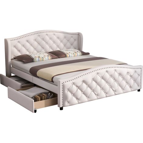 Lit capitonné 160 x 200 cm avec 2 tiroirs, sommier à lattes, tête de lit 100 cm, style Chesterfield blanc, revêtement cuir régénéré CHICFURN (1/5)