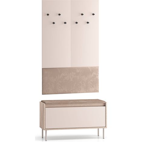 Mueble de entrada largo de 1 puerta Alos Cashmere y madera con perchero y banco zapatero (1/4)
