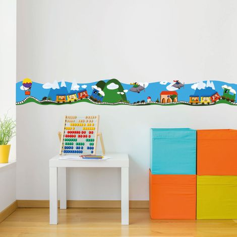 Frise décorative adhésive, train en voyage, trains, avions, montgolfières, montagnes, enfant, 9 cm X 300 cm (1/5)
