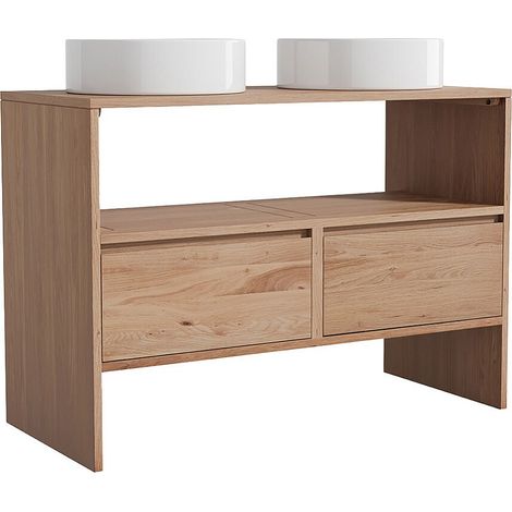 Meuble de salle de bain en chêne massif avec vasque à poser ronde - Naturel clair - 110 cm - CAVIZO (1/4)
