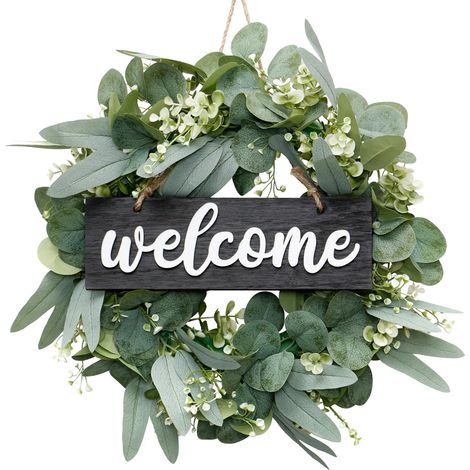 Couronne Verte avec Panneau de Bienvenue en Bois Couronne de Plantes artificielles de 18 po Couronne d'été pour décor de Jardin de Festival de Porte d'entrée Utilisation intérieure et extérieure (1/5)