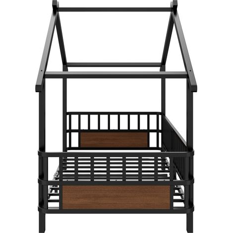 Cama infantil de metal con forma de casa y barrera de seguridad, negra, 90 x 200 cm (1/5)