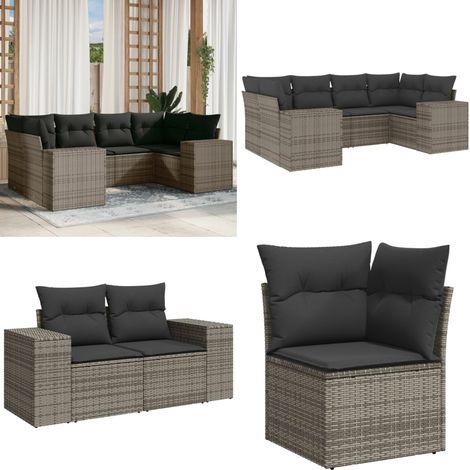 6-tlg. Garten-Sofagarnitur mit Kissen Grau Poly Rattan - Gartensortiment - Outdoor Möbel - Gartenlounge - Rattan Gartenmöbel - Polyethylen Furniture - Home & Living (1/5)
