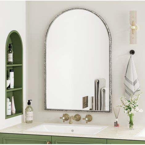 Espejo de pared arqueado de vidrio templado, marco de hierro plateado, 103,5 x 71,5 cm HAVRYA (1/5)