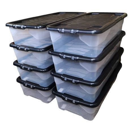 8 x 42L Clear Under Bed Storage Box with Black Lid, Stackable and Nestable Design Storage Solution (1/5)
