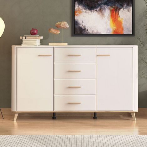 Aparador Illorai, Alacena 2 Estantes, 4 Cajones, 2 Puertas, 154x40x90.5h cm Blanco Crema (1/5)