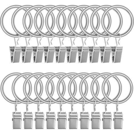 Lot de 20 Anneaux Accroche Rideau en Acier Inoxydable Mat avec Clips Crochets de Tension pour Rideaux Décoratifs Accroche Rideaux Argenté Mat (2,5 cm de Diamètre Intérieur) (1/5)