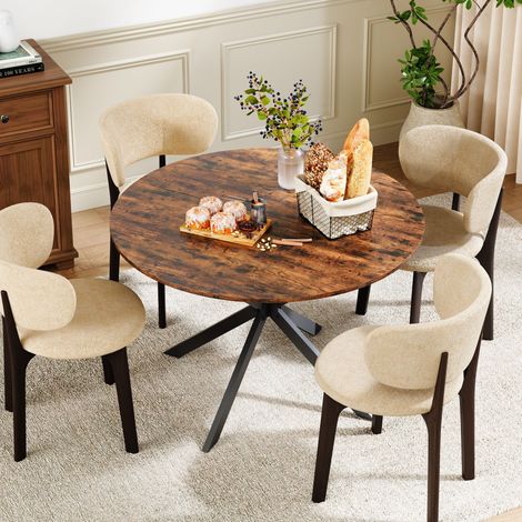 Mesa de comedor redonda de Ø120 cm, estilo industrial, patas metálicas en forma de X, madera marrón, apta para cocina/salón