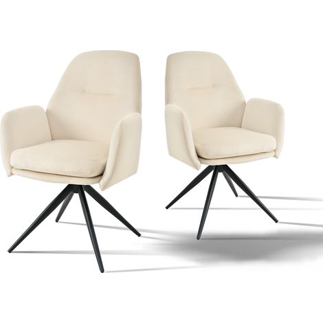 Bon Furni Samt Esszimmerstuhl Elfenbeinweiß, 2er, 360° drehbar, ergonomisch mit hoher Elastizität & Armlehnen