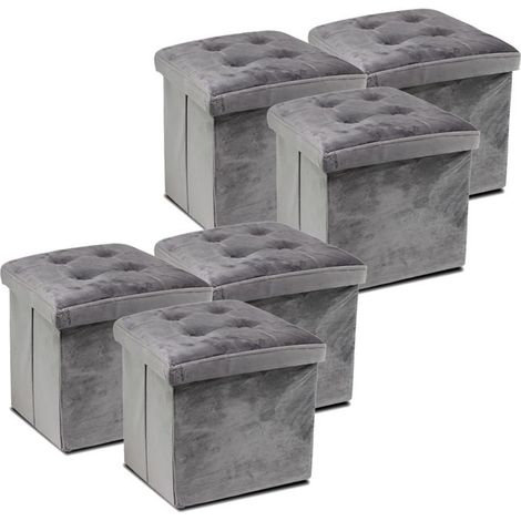 Pouf de rangement pliable - JUANIO - Lot de 6 - Velours gris - Couvercle amovible - 38 x 38 x 38 cm (1/4)