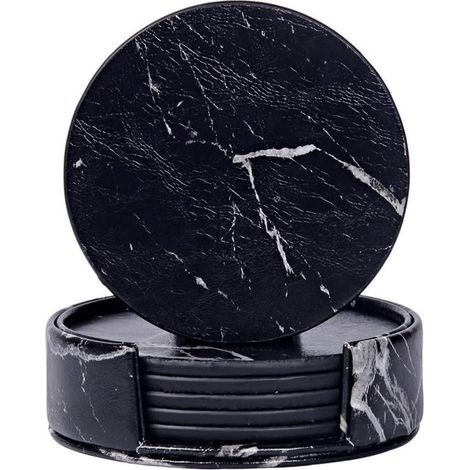 Juego de 6 posavasos redondos de cerámica con efecto mármol negro y soporte para diferentes tazas. Ideales para la mesa y la decoraci，negro，10 cm (1/3)