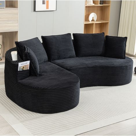Canapé en tissu côtelé noir 250x152x82 cm, design arrondi avec porte-gobelets, poches latérales et coussin (1/5)