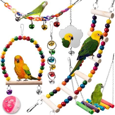 Lot de 9 jouets pour oiseaux en bois pour perruches, ponts, jouets pour perruches, accessoires de cage à oiseaux, hamac pour conure, calopsitte, oiseaux d'amour, pinsons, myna, perruche (1/5)
