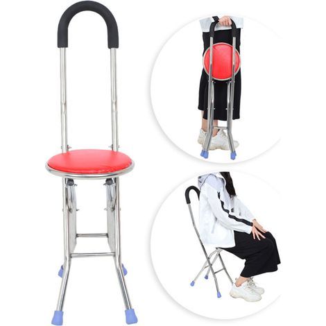 Canne Siège Pliable en Acier Inoxydable avec Quatre Pieds - Bâton de Marche et Chaise