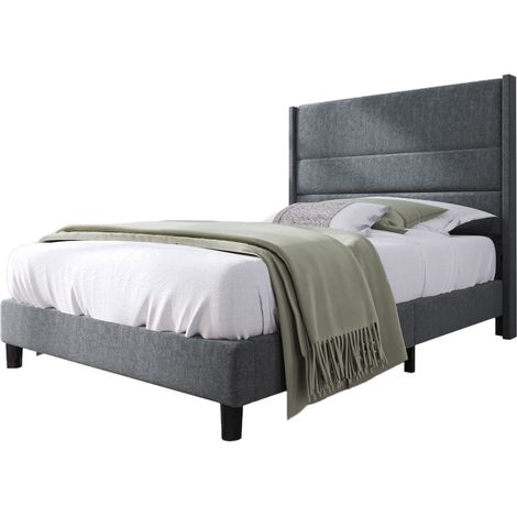 Lit rembourré 90x200 cm en lin gris foncé avec tête de lit, sommier à lattes inclus (1/5)