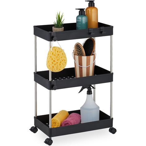 Relaxdays Nischenwagen, 3 Etagen, schmales Nischenregal für Küche & Bad, HxBxT: 62 x 41,5 x 23,5 cm, Rollregal, schwarz