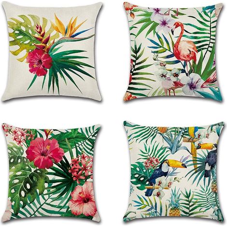 Set di 4 federe per cuscini in lino, federe decorative quadrate con motivi di foreste e piante tropicali, ideali per divani, letti, sedie, 45 x 45 cm, Lino, 45 x 45 centimetri