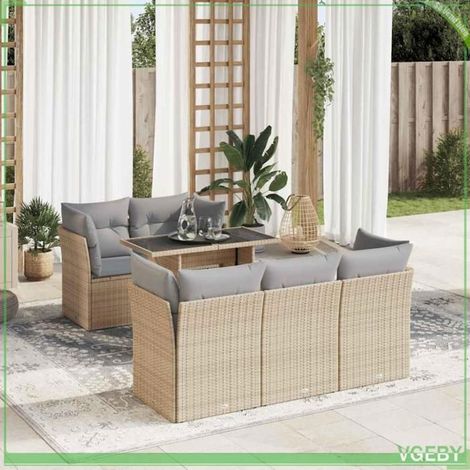 Salon de jardin - 3326100 - 6 places beige résine tressée - rangement sous assise - table réglable (1/5)