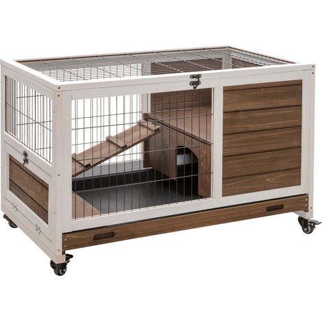 Conigliera a 2 piani con ruote 90 x 53 x 59 cm porta bloccabile vassoio estraibile moderna scandinava in legno marrone 210007892