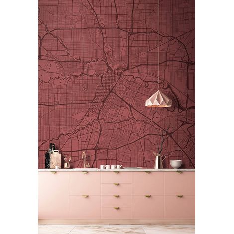 Papier peint panoramique rouge carte ville | Tapisserie panoramique moderne plan de ville chambre ado | Papier peint panoramique salon tendance - 270 x 400 cm (4 pièces) (1/5)